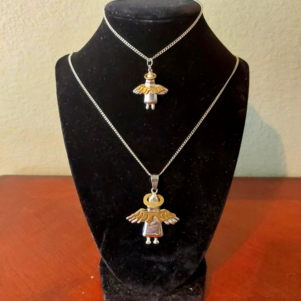 VTG 925 Sterling Silver & Brass Angel Pendant Necklace Set | Guardian Angel